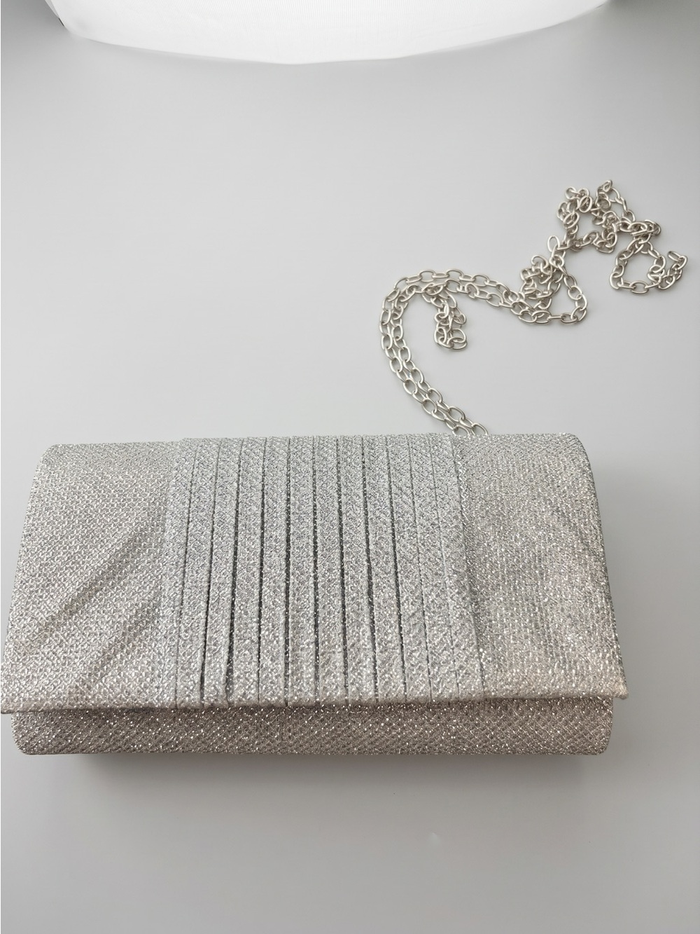 le chateau Sparkling Silver Pleated Evening Clutch with Chain